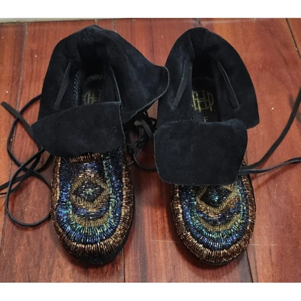 House of Harlow 1960 Beaded Suede Lace-Up Moccasin Boots Black Gold Boho Festiva